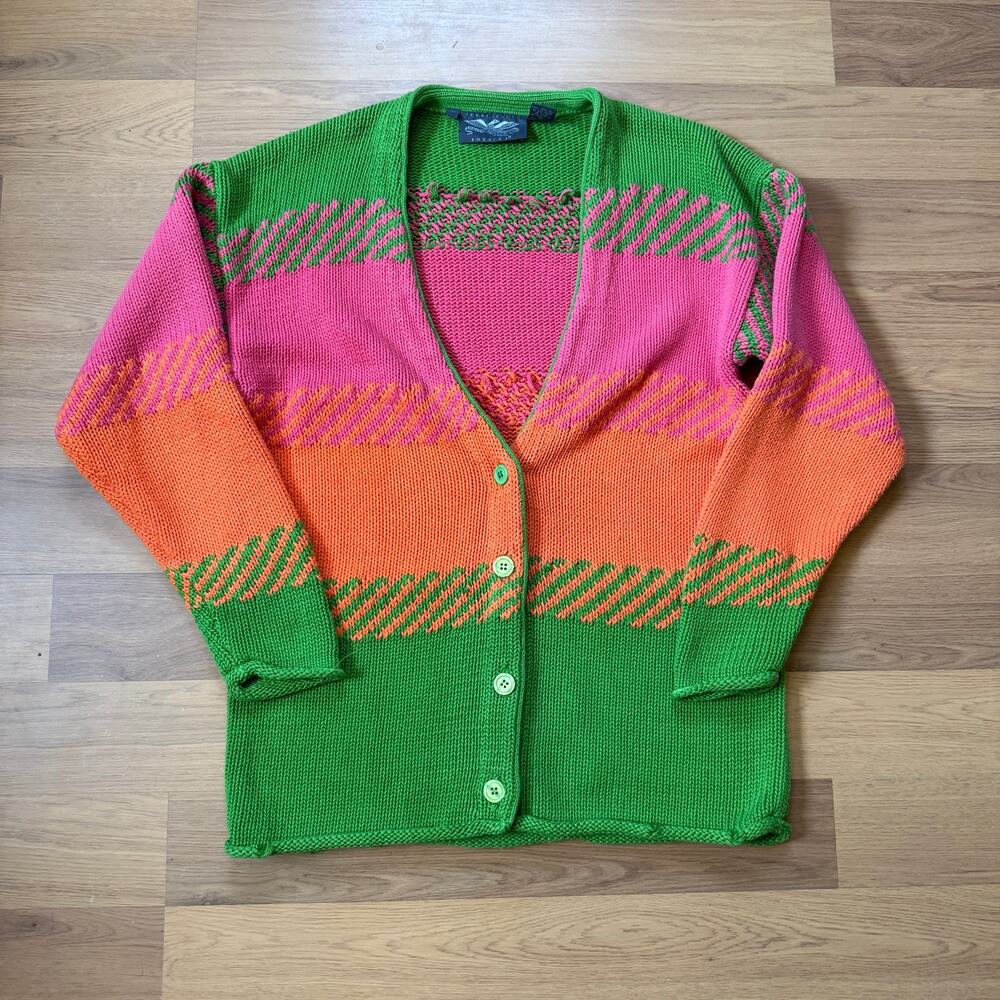 Women's Vintage Perry Ellis America Green Pink Striped Knit Cardigan Sweater M